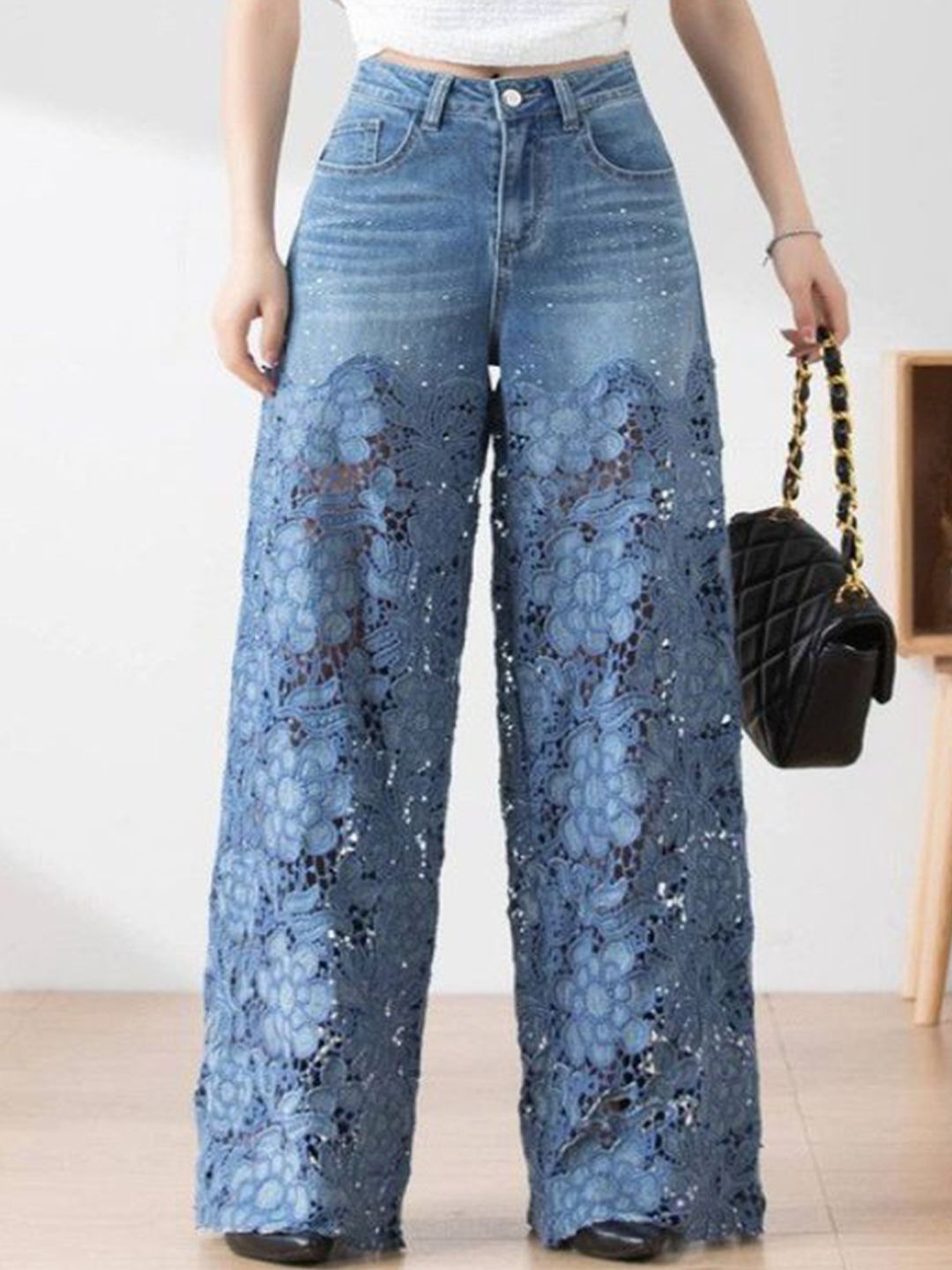 Women Mid-Rise Floral Lace Applique Wide-Leg Jeans