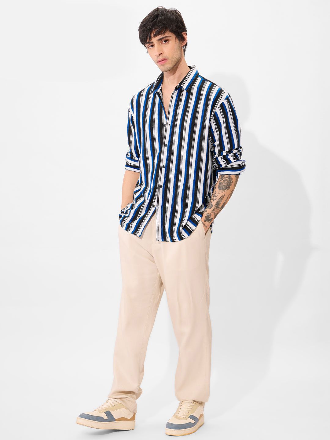 Men Spread Collar Vertical Striped Cotton Casual Shirt - Image 4