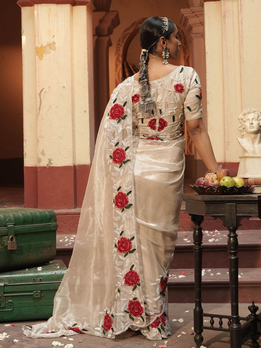 MIDUSHI BAJORIA Embellished Embroidered Beads and Stone Tissue Maheshwari Saree - Image 3