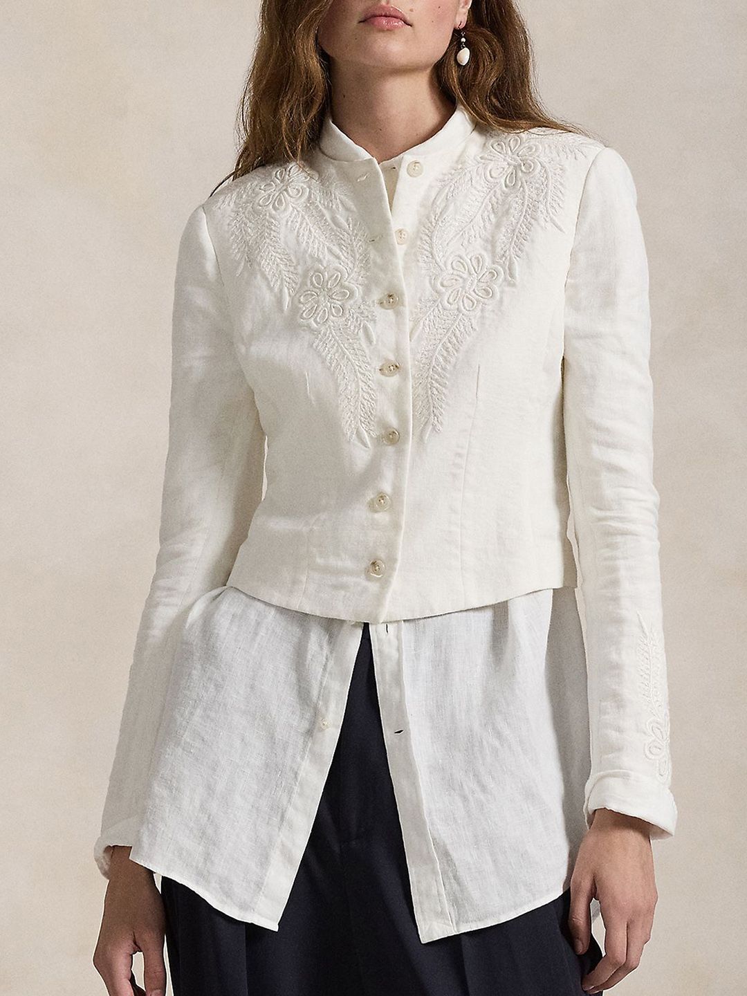 Women Collarless Floral Embroidered Linen Casual Tailored Jacket - Image 2