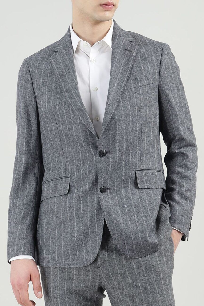 Men Striped Notched Lapel Woolen Open Front Blazers