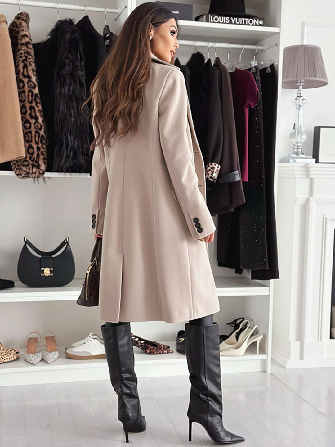 Women Solid Notched Lapel Overcoat - Image 3
