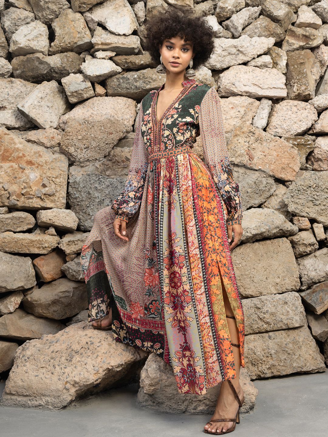 Bhanuni Floral Printed V-Neck Empire Maxi Dress - Image 2