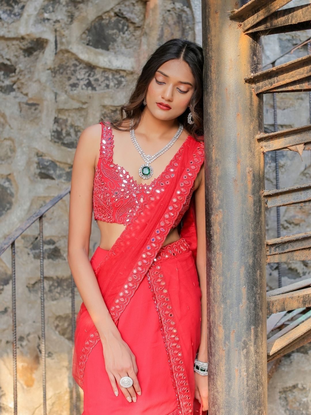 Foram Patel Foram patel Red Mirror Embroidered Ruffle Saree Set