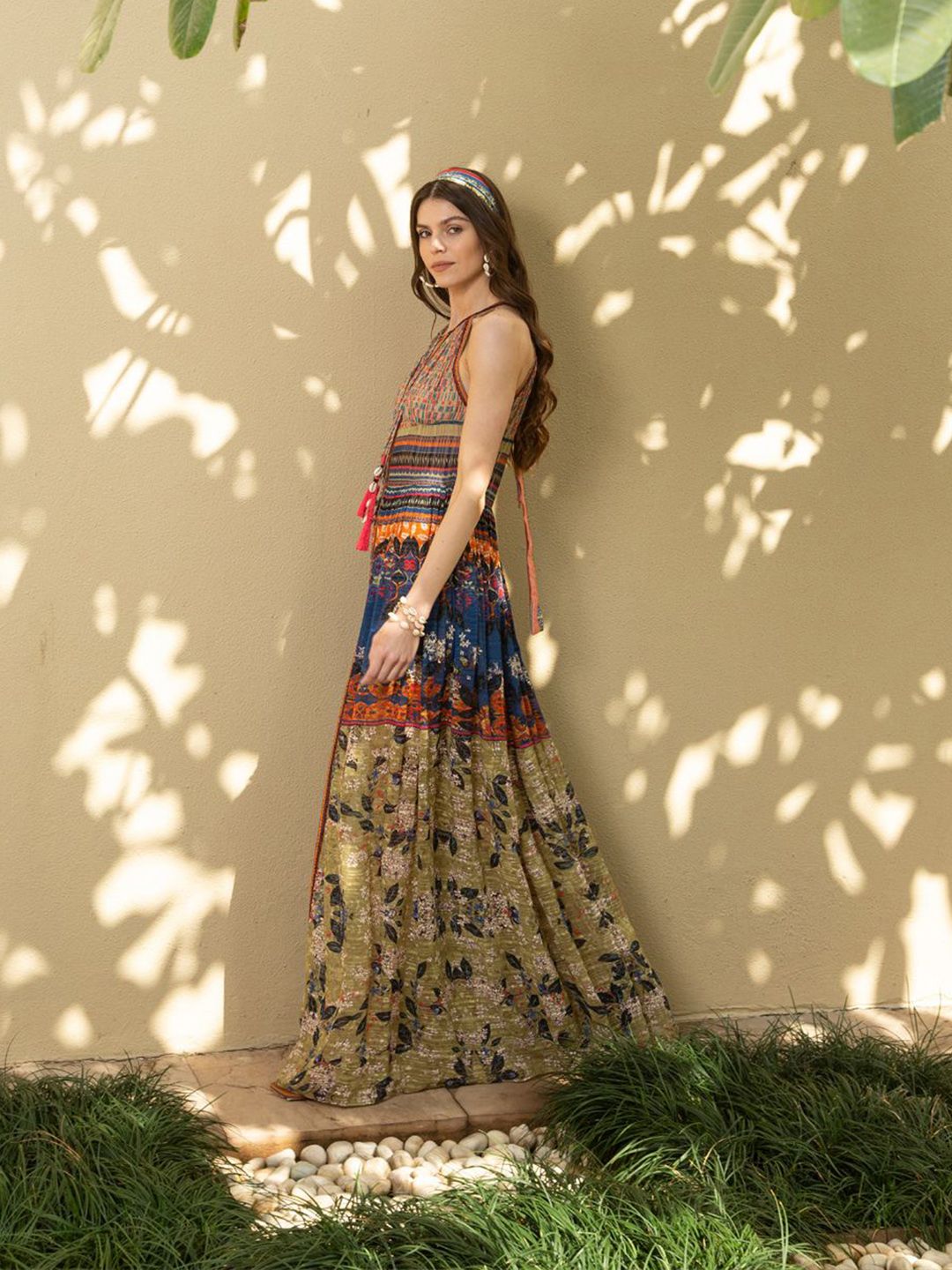 Bhanuni Floral Printed Tie-Up Neck Maxi Dress - Image 2