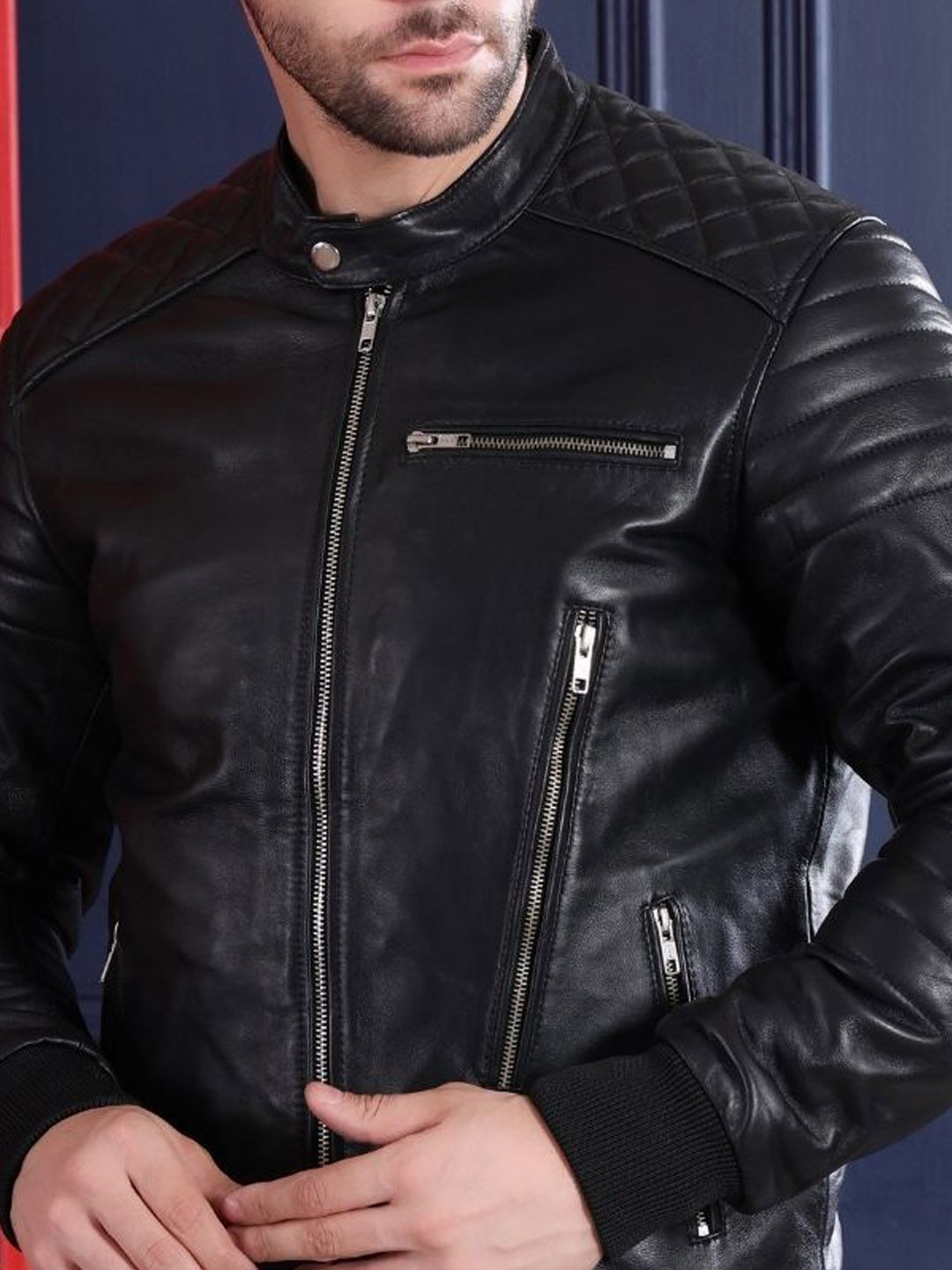 Devoted Mandarin Collar Water Resistant Leather Jacket - Image 2