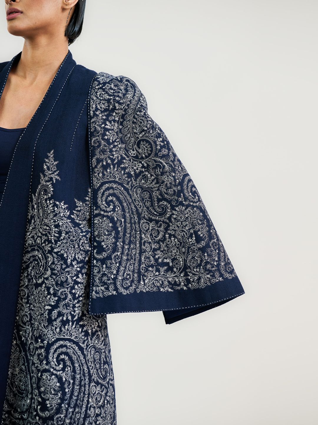 Floral Embroidered Longline Cotton Open Front Jacket - Image 3