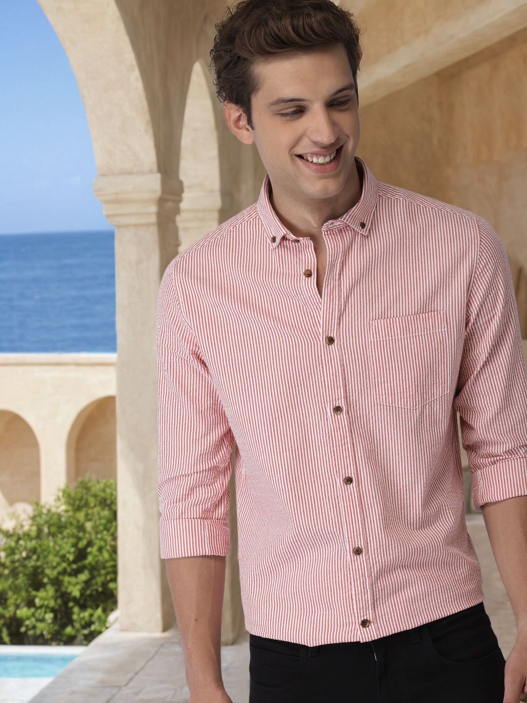 Men Pink & White Slim Fit Striped Casual ShirtMen Pink & White Slim Fit Striped Casual Shirt